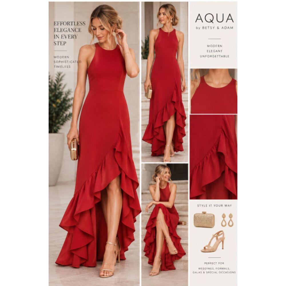Aqua Betsy Adams Red Ruffle Gown Size 8 Petite Maxi Long Dress Made In USA $268